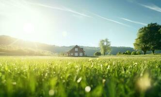 AI generated image of a field of green grass with a small house in the background photo