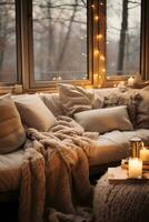 AI generated Cozy winter aesthetics, soft blankets, warm lights, creating an inviting and snug atmosphere photo