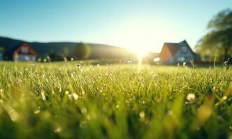 AI generated green grass in the field with a house in the background photo