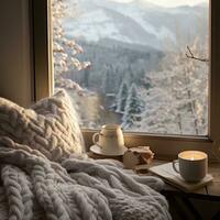 ai generado invierno estético mañana, calentar tejidos de punto, libro, y un ventana ver de Nevado paisajes foto