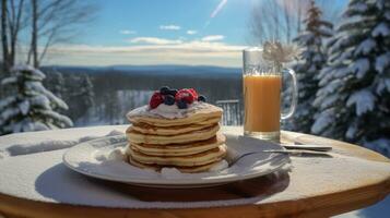AI generated Cozy weekend breakfast with pancakes, berries, and a view of snow-covered landscapes. photo