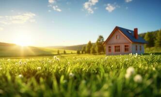 AI generated green grass in the field with a house in the background photo