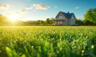 AI generated green grass in the field with a house in the background photo