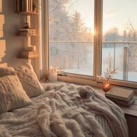 AI generated Winter aesthetic morning, warm knits, book, and a window view of snowy landscapes photo