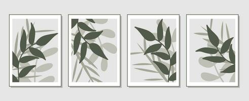 Set of vector abstract creative backgrounds with tropical leaves. Hand Drawn textures for wall decoration, postcard or brochure cover design