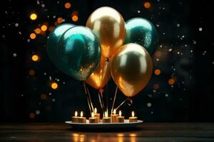 AI generated four birthday balloons on a dark table with fireworks exploding and sparkling photo