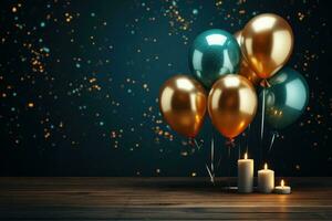 AI generated four birthday balloons on a dark table with fireworks exploding and sparkling photo