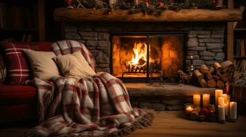 ai generado acogedor invierno antecedentes con un chicharrón chimenea, felpa mantas foto