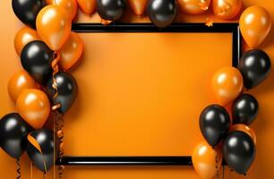 AI generated empty black frame with balloons on the orange background banner photo