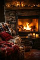 AI generated Cozy winter background with a crackling fireplace, plush blankets photo