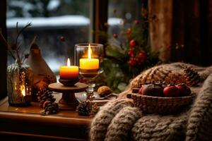 AI generated Cozy dinner, rustic decor, candles, and the joy of festive winter flavors photo