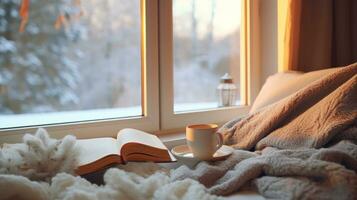 AI generated Cozy winter weekend morning with fluffy slippers, photo