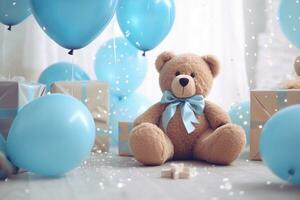 AI generated blue balloons, a bear and presents photo