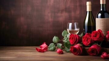 AI generated Valentine's Day background featuring wine, roses, and space for intimate messages photo