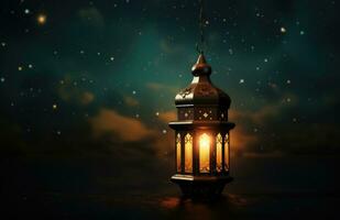 AI generated an old gold ramadan lantern on a dark background with stars and clouds photo