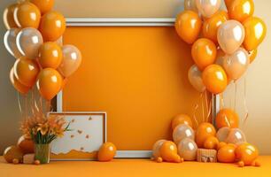 AI generated an orange background with a frame and balloons photo