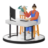 A Teenage Girl's Journey in 3D Illustration at the Computer Desk png