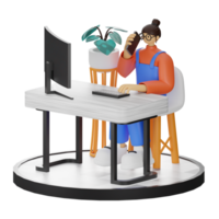 A Teenage Girl's Journey in 3D Illustration at the Computer Desk png