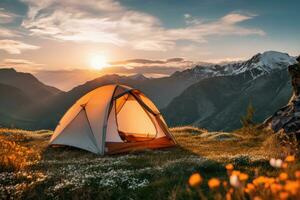 AI generated a tent is pitched in the mountains and the sun is shining photo