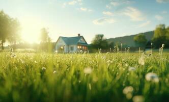 ai generado un imagen de un verde campo y casa foto