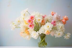 AI generated A stunning capturing the essence of spring with an artfully arranged bouquet of vibrant flowers photo