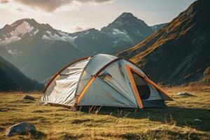 AI generated a tent is pitched in the mountains and the sun is shining photo