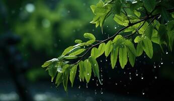 ai generado un imagen de un árbol con lluvia gotas y verde hojas foto