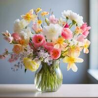 AI generated A stunning capturing the essence of spring with an artfully arranged bouquet of vibrant flowers photo