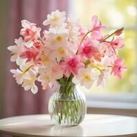 AI generated A stunning capturing the essence of spring with an artfully arranged bouquet of vibrant flowers photo