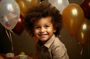 ai generado un sonriente pequeño chico con globos en el mesa foto