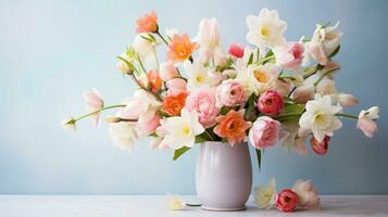AI generated A stunning capturing the essence of spring with an artfully arranged bouquet of vibrant flowers photo