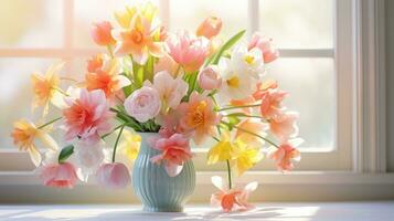 AI generated A stunning capturing the essence of spring with an artfully arranged bouquet of vibrant flowers photo