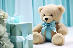 AI generated a bear sits next to blue gifts baby photo