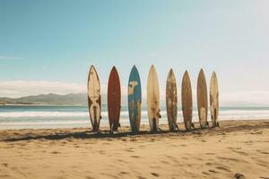 ai generado un fila de tablas de surf a el playa foto