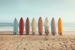 ai generado un fila de tablas de surf a el playa foto