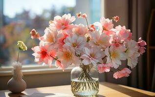AI generated A stunning capturing the essence of spring with an artfully arranged bouquet of vibrant flowers photo