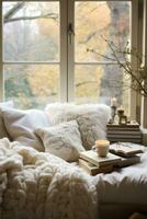 AI generated Cozy winter weekend morning with fluffy slippers, photo