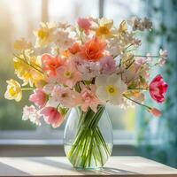 AI generated A stunning capturing the essence of spring with an artfully arranged bouquet of vibrant flowers photo