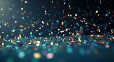 AI generated colorful confetti is falling down in front of a dark background photo