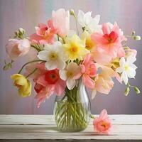 AI generated A stunning capturing the essence of spring with an artfully arranged bouquet of vibrant flowers photo