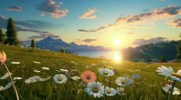 AI generated a grassy field and flowers overlooking the sunrise photo