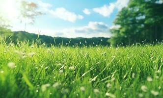 ai generado un campo con herboso césped en verano hora foto