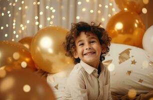 AI generated a little boy smiles as he looks at balloons photo