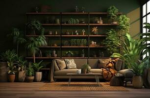 AI generated a living room with different types of plants photo