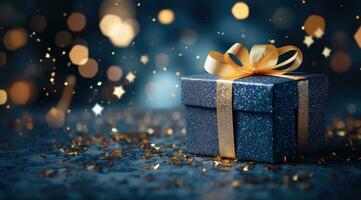 AI generated a blue gift box with gold stars on a dark background photo