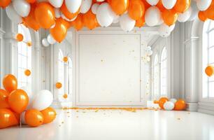 AI generated a blank frame with orange balloons is set up photo