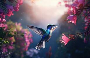 AI generated a blue bird flying among red and white flowers photo