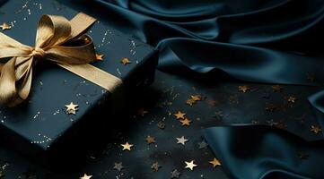 ai generado un azul regalo caja con oro estrellas en un oscuro antecedentes foto