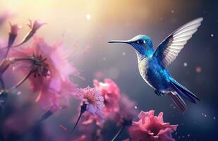 AI generated a blue bird flying among red and white flowers photo