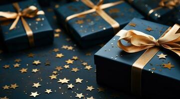 AI generated a blue gift box with gold stars on a dark background photo